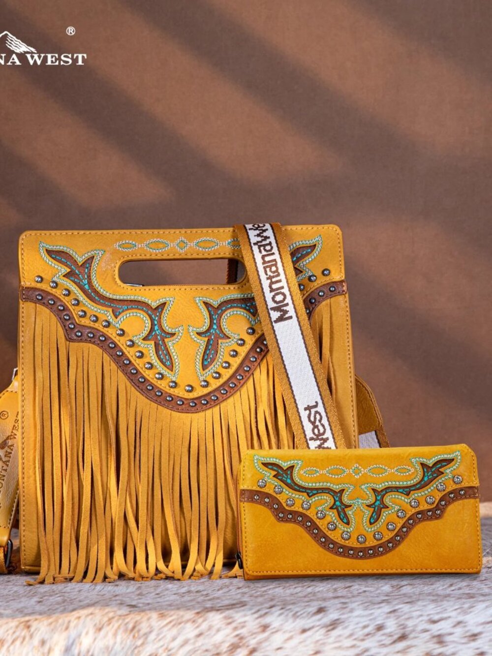 Montana West Fringe Embroidered Concealed Carry Tote/Crossbody Wallet SetMustard